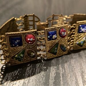 Vintage 1960s Bronzed Gold Tone/Enameled Geometric Panel Bracelet